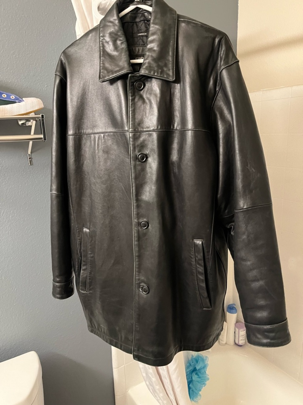 Claiborne Black Leather Pea Coat with Button Front
